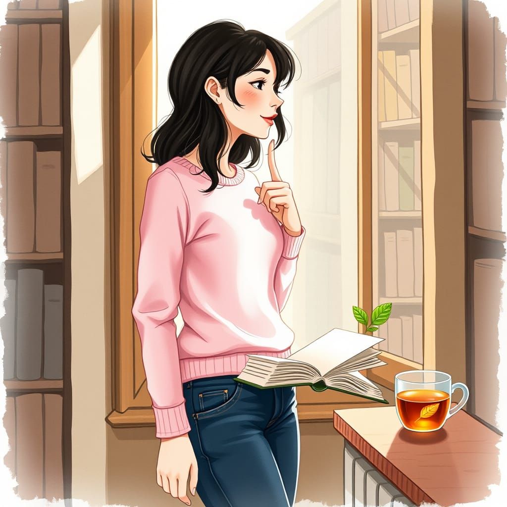 Dreamy Library Moment in Whimsical Watercolor Style