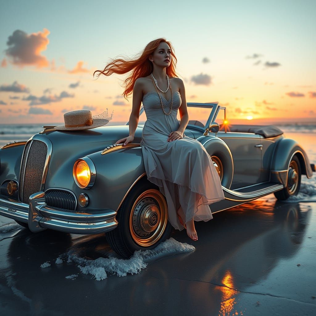 Vintage Car Sunset: Fantasy Realism Portrait