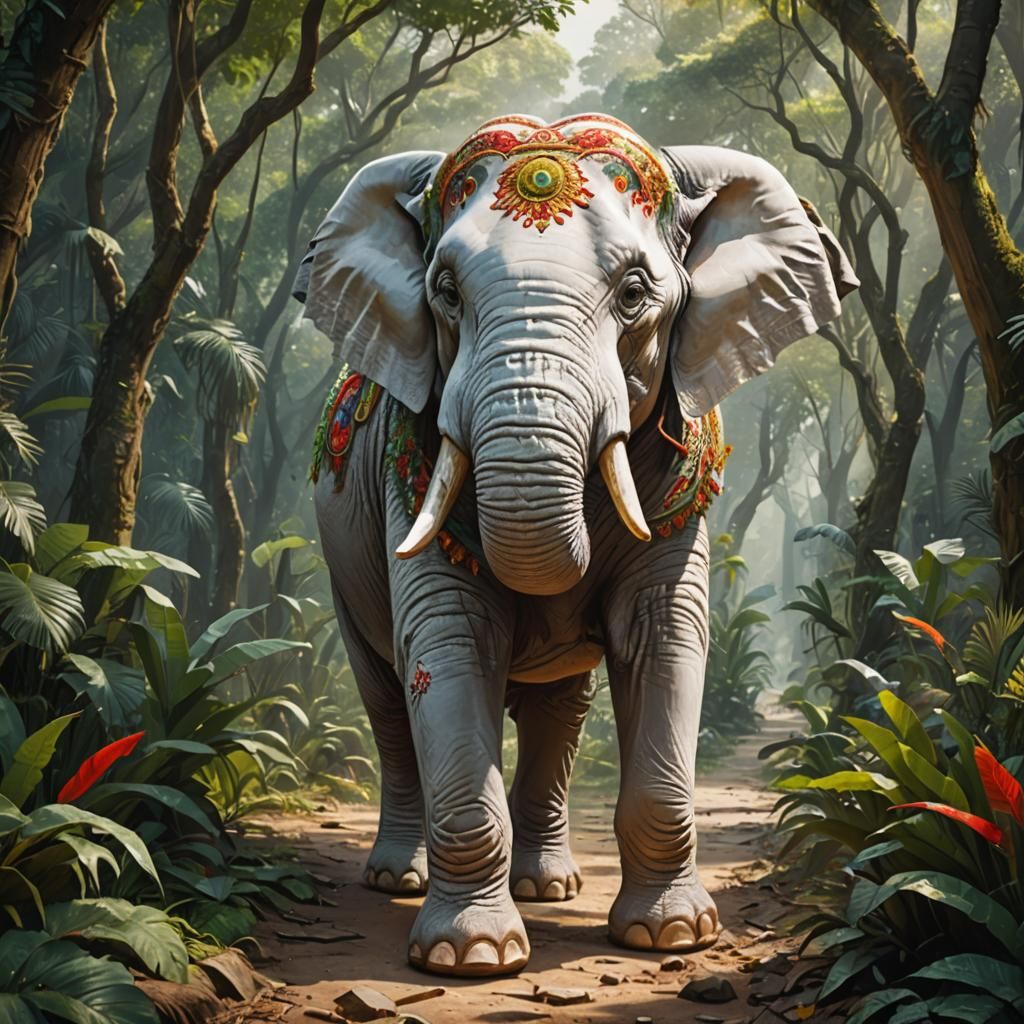 Ornate White Elephant Walking Jungle Path
