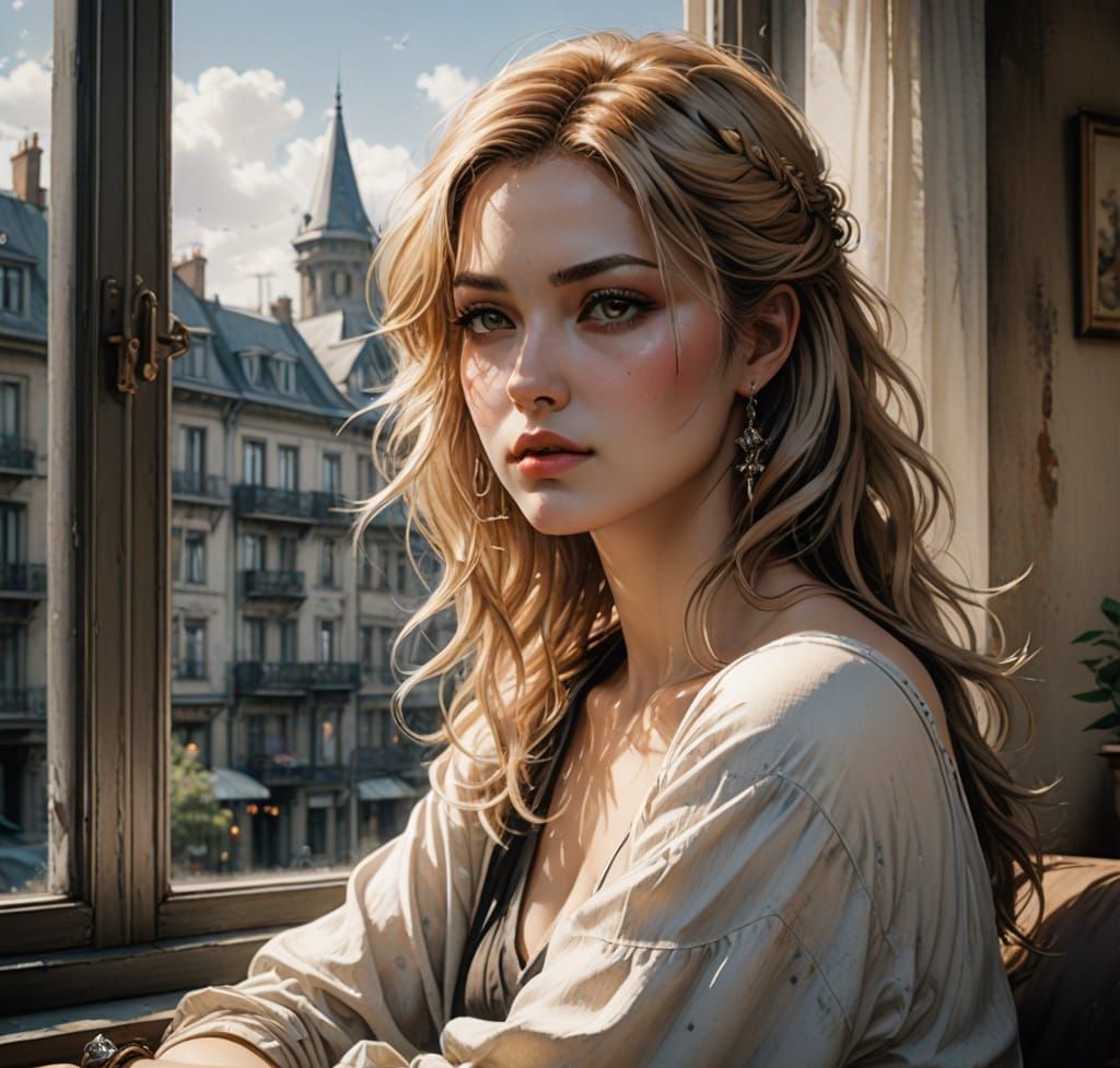 Sensual Anime Portrait of Woman by Window