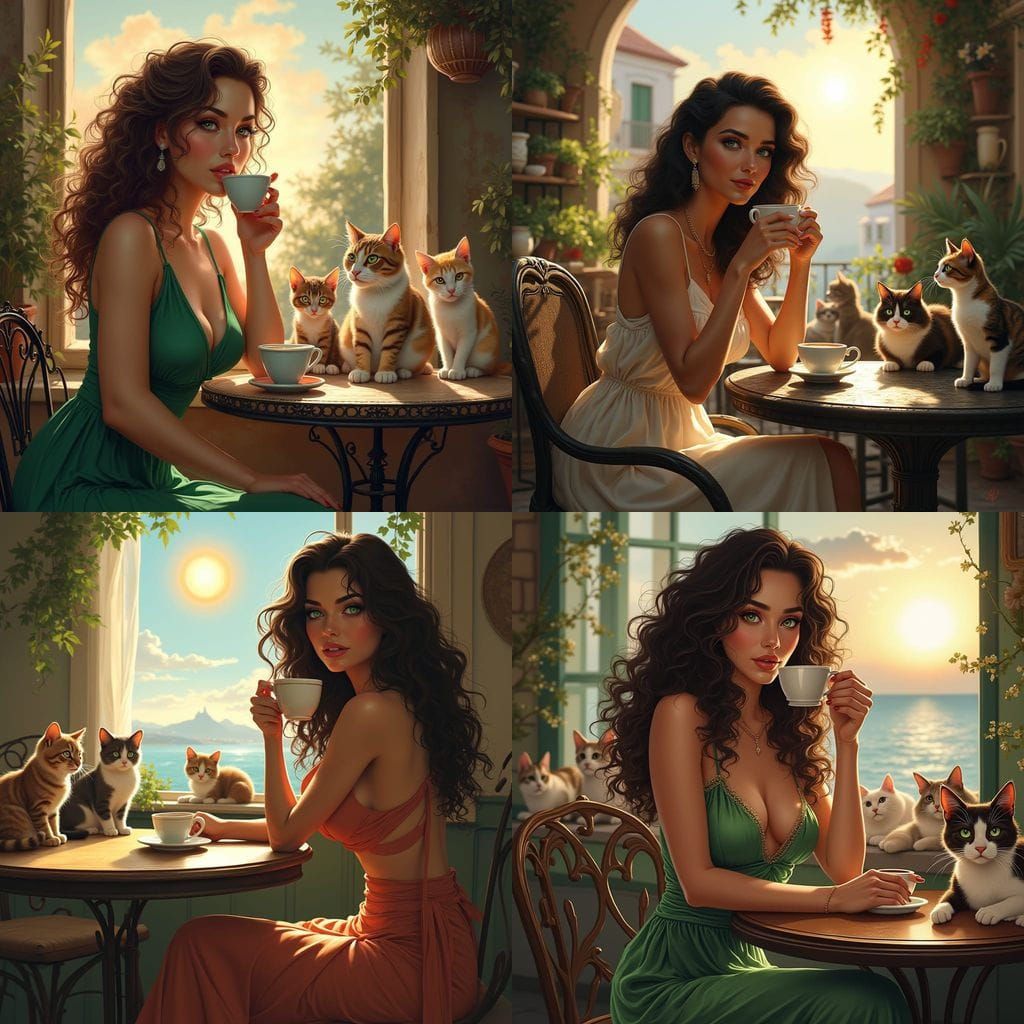 Greek Goddess Surrounded by Adorable Cats in a Sunlit Café