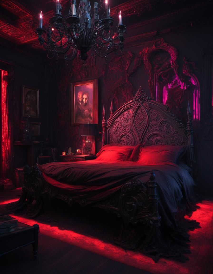 Gothic bedroom with black walls and black gothic bed& hyperdetailed intricately detailed trending on Artstation volumetr...