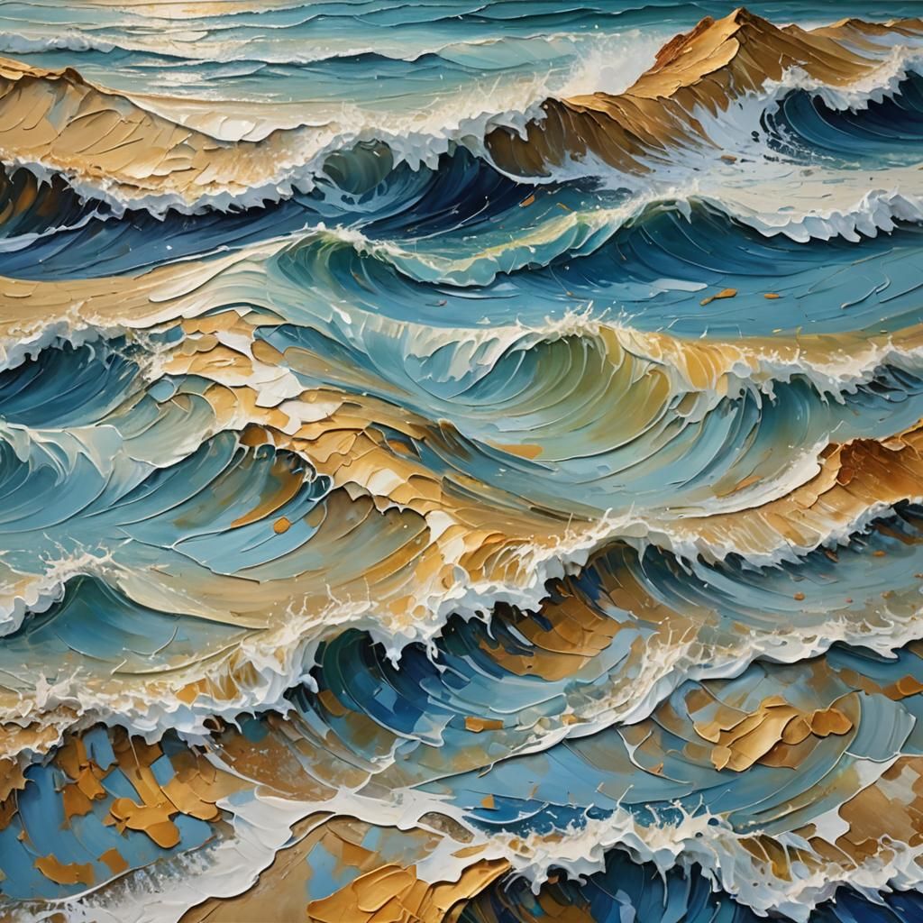 Expressionist Seascape: Golden Waves, Impasto Oil Painting