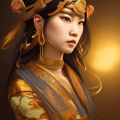 Detailed Asian Empress Portrait in Art Nouveau Style