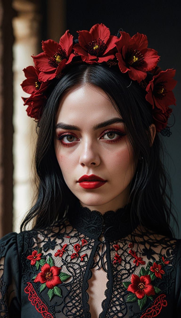 Gothic Chic Mexican Beauty in Crimson Embroidery