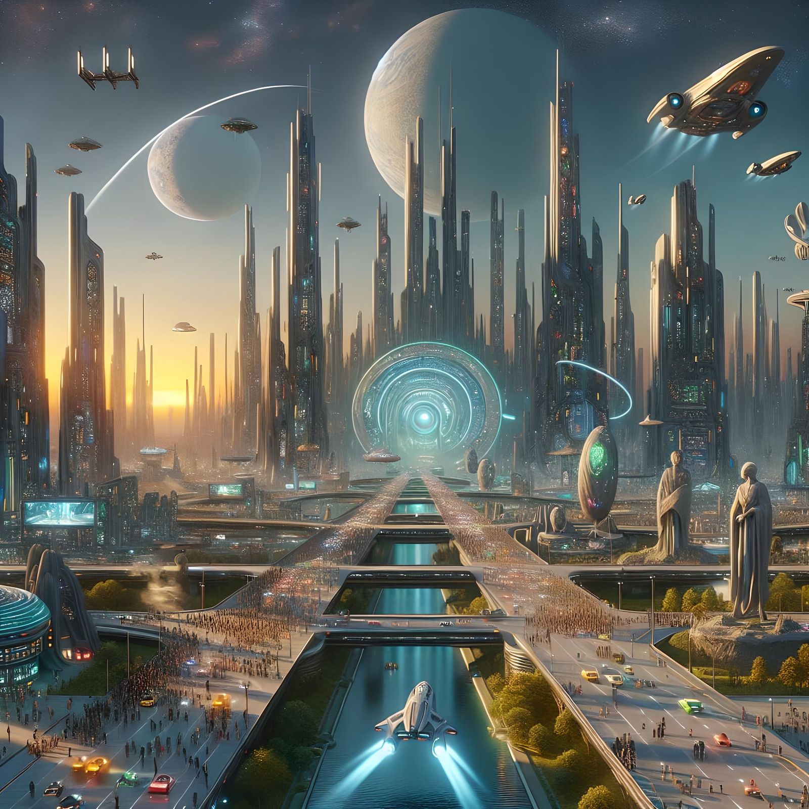 The year 4085 in a   gigantic intergalactic city with futuri...