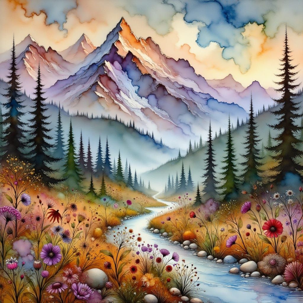 Gouache Masterpiece of Majestic Mountain Landscape