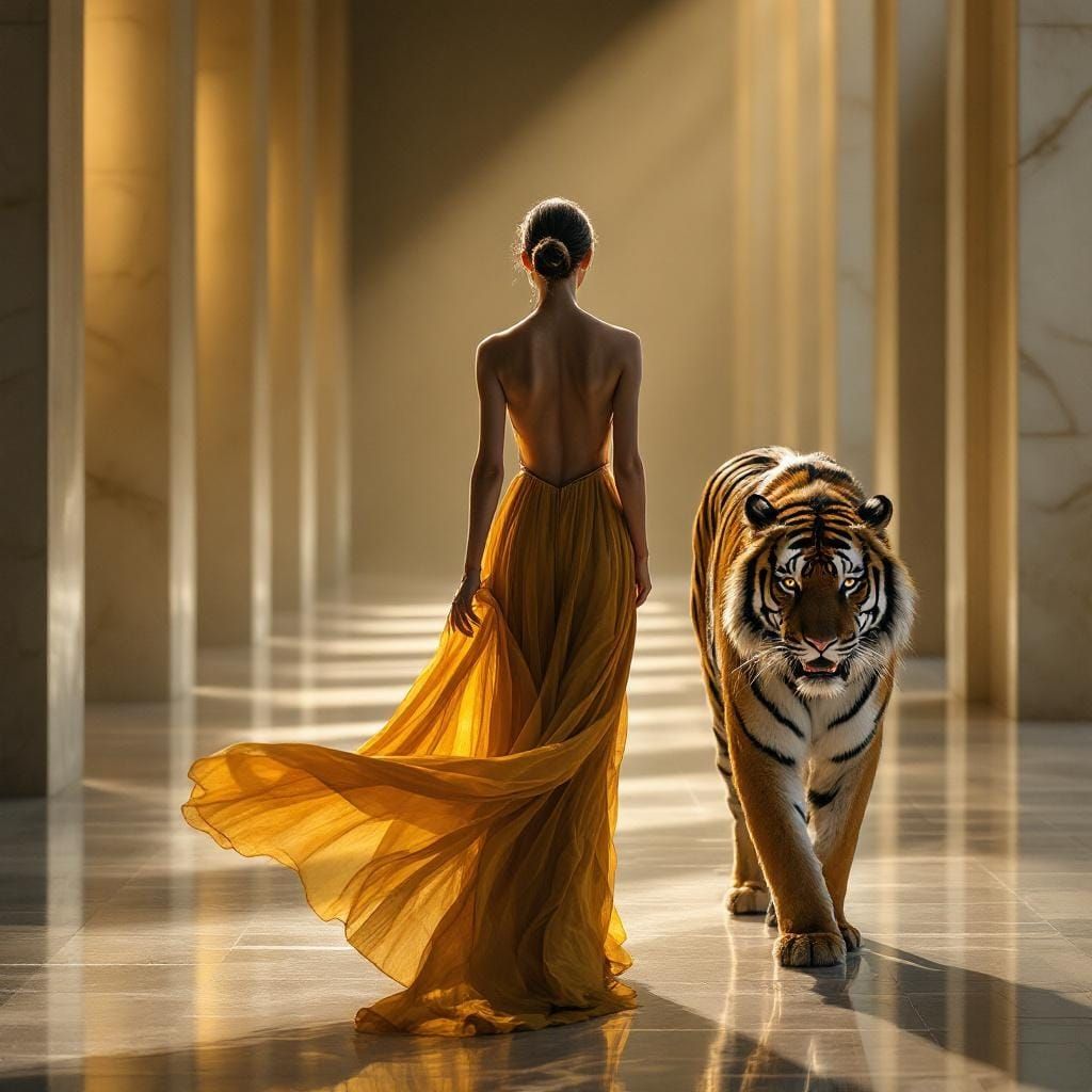 Balenciaga Model and Sabre-Toothed Tiger on Runway