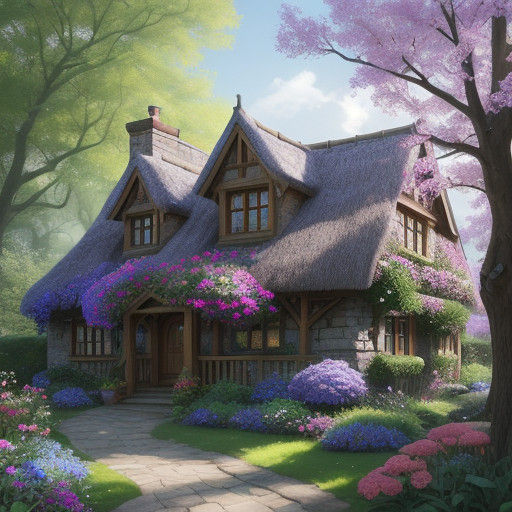 Whimsical Cottage Scene with Vibrant Blooms and Delicate Det...