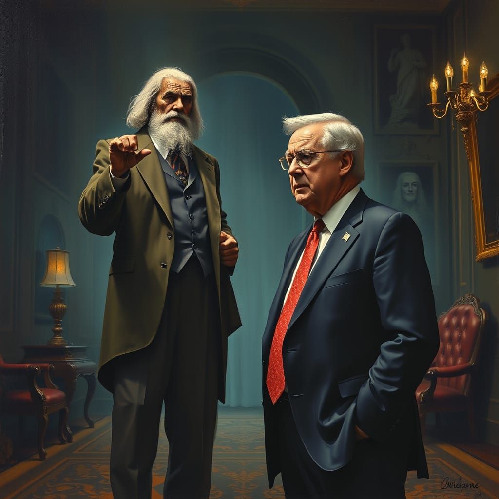 Politician Confronts Honesty in Ornate Chamber, Oil Painting