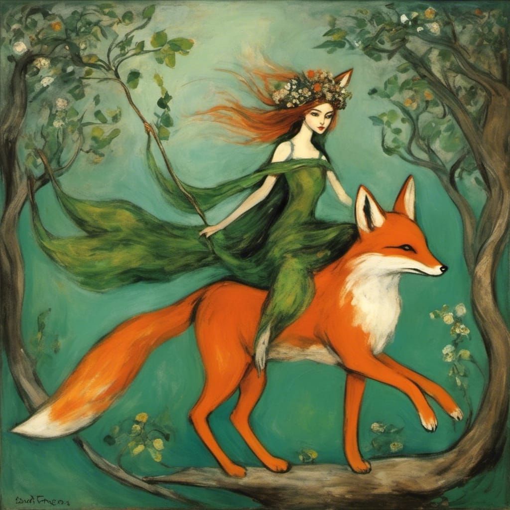 Dryad Rides Fox Through Enchanted Forest