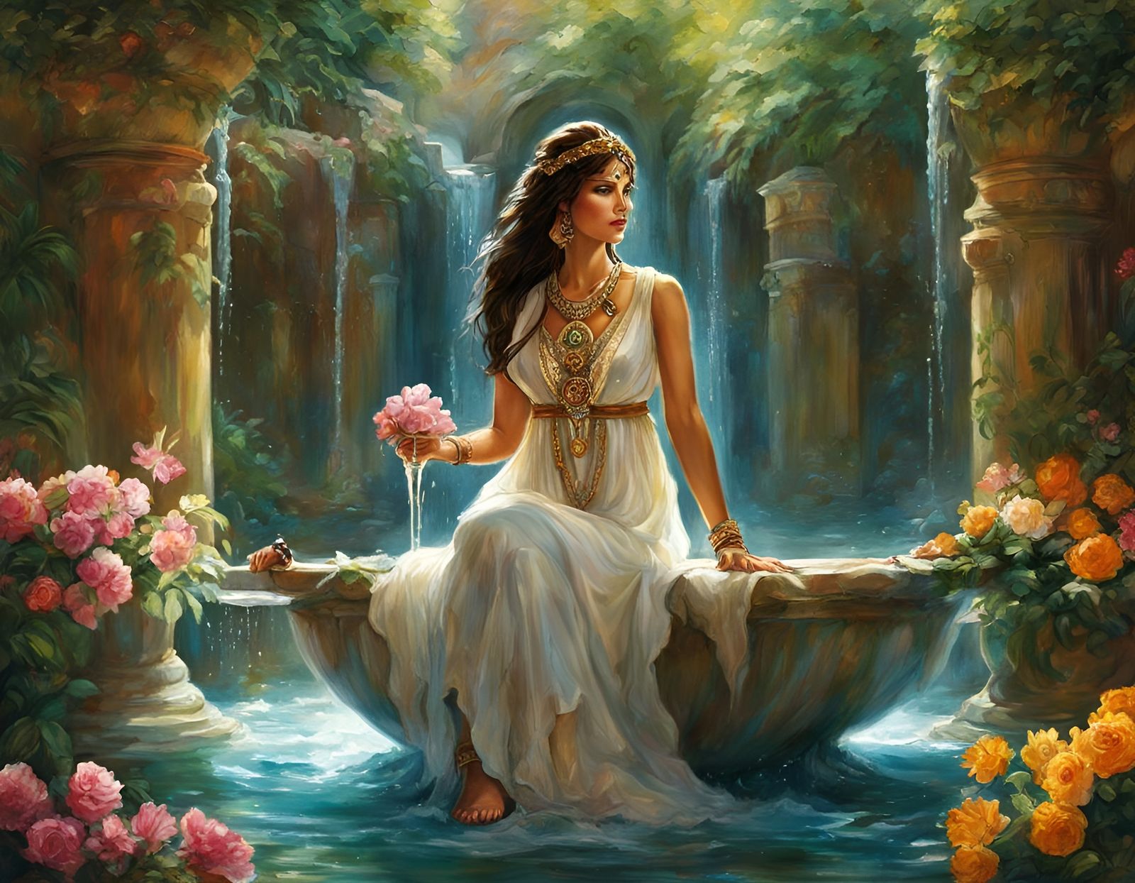 Egyptian Princess at Fountain: Renaissance-Style Painting
