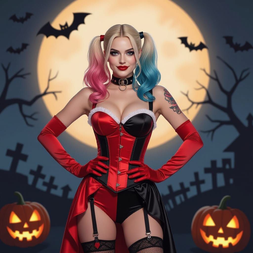Harley Quinn in Halloween Corset by Spooky Backdrop