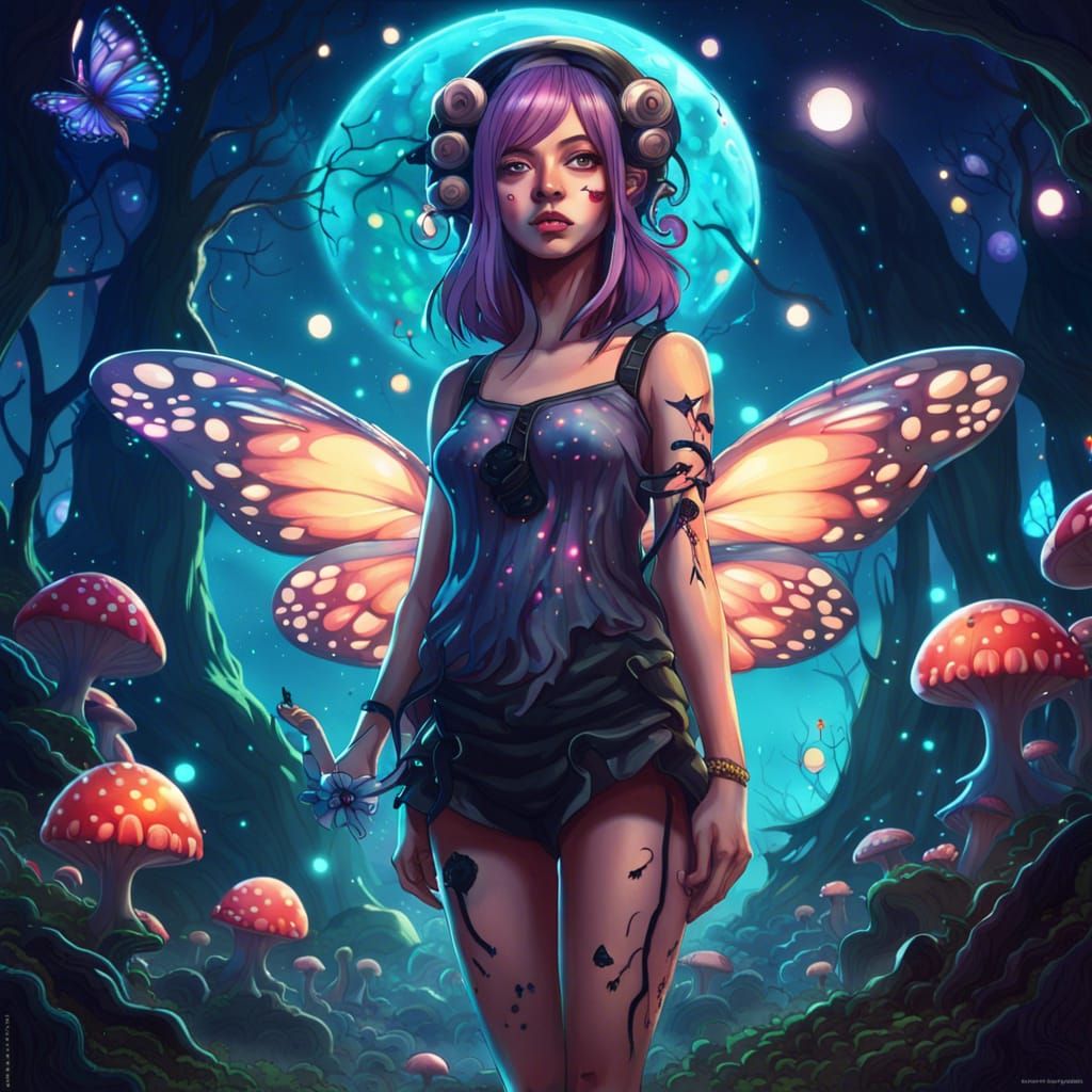 Anime Girl with Tentacles and Wings in Fantasy Grove
