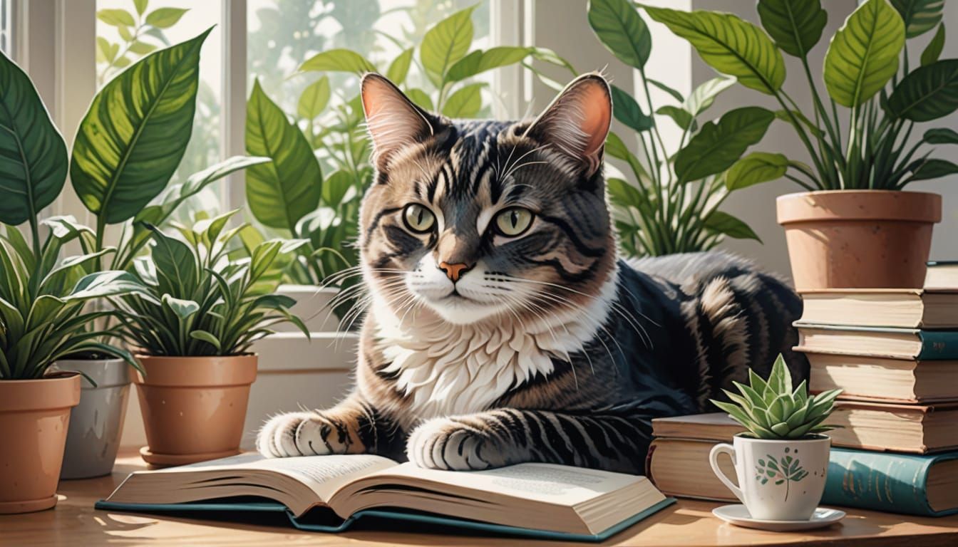 Cozy Millennial Cat Portrait in Watercolor Style