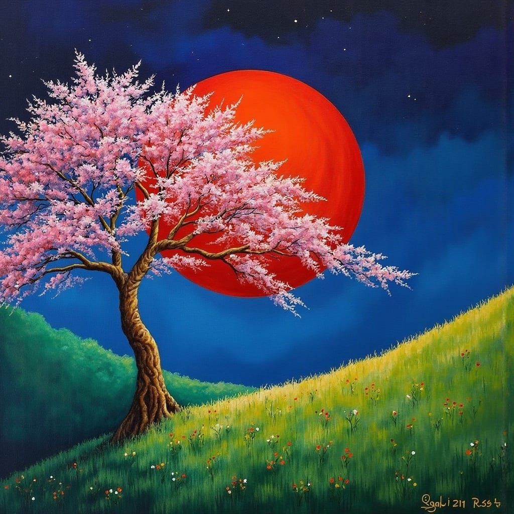 Ethereal Cherry Blossom Tree in a Starry Night Landscape