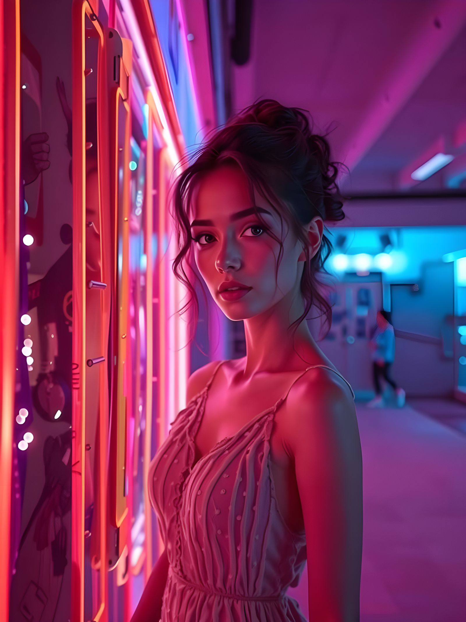 Hyper-Realistic Fashion Portrait in Neon Lit Setting