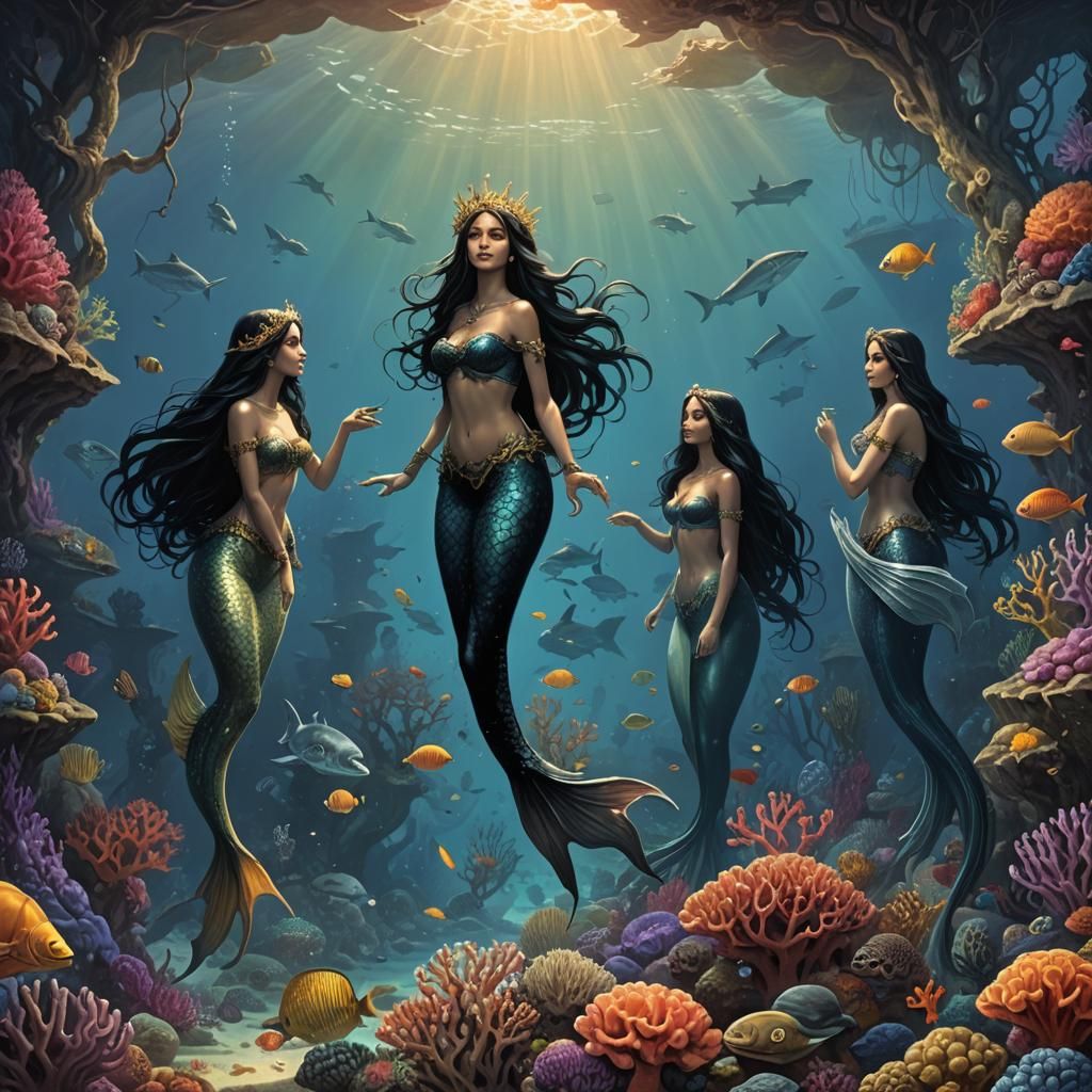 Mermaids in a Twilight Coral Reef