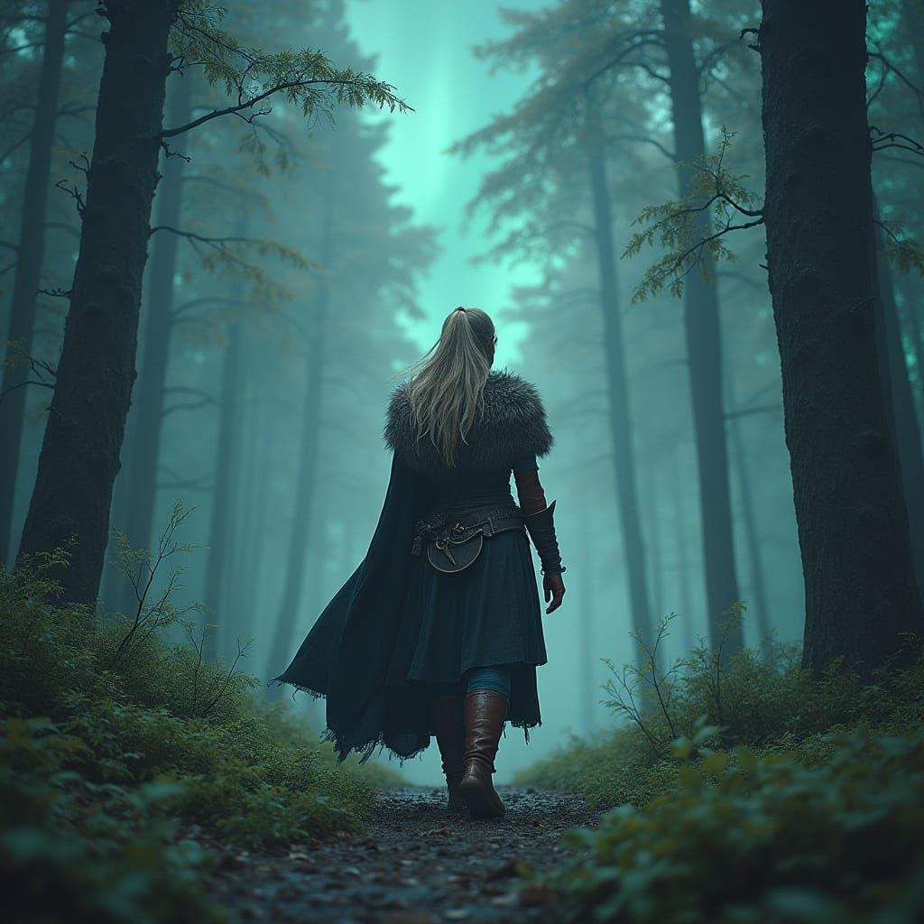 Viking Woman in Mystical Forest, Matte Painting