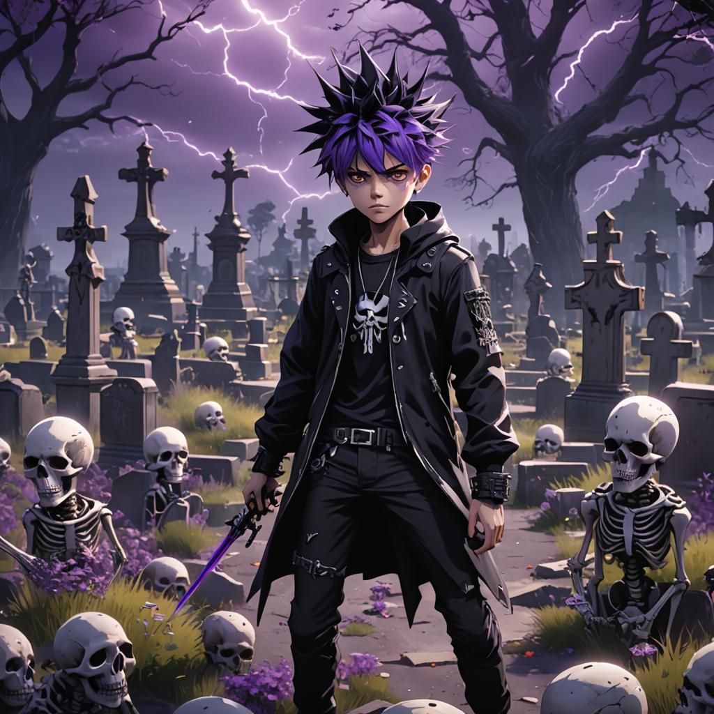 Anime Boy in Cemetery with Skeletons and Lightning