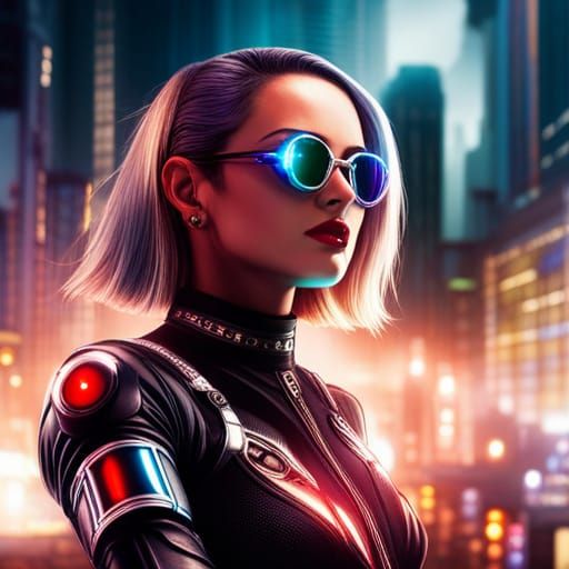 Cyberpunk Woman with Sunglasses in Sci-Fi City