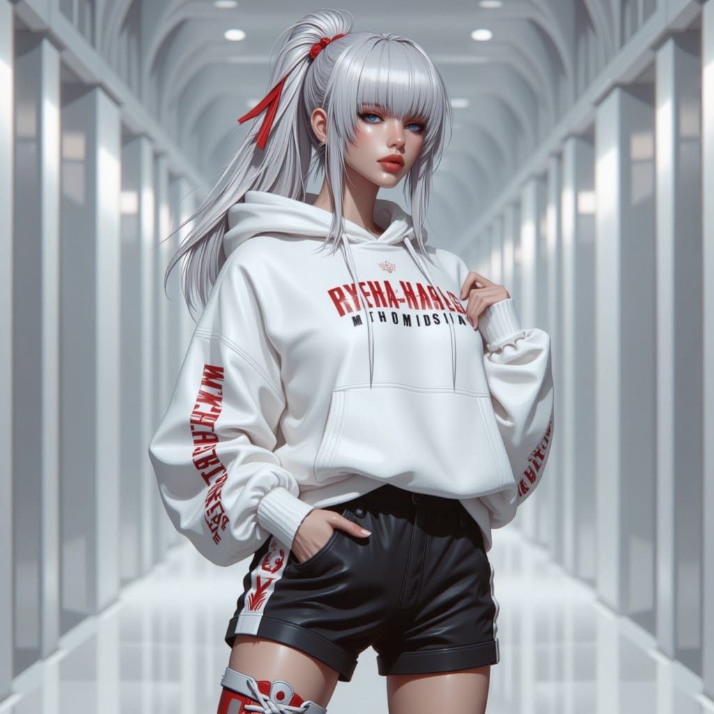 Confident Woman in Futuristic Studio, Digital Illustration