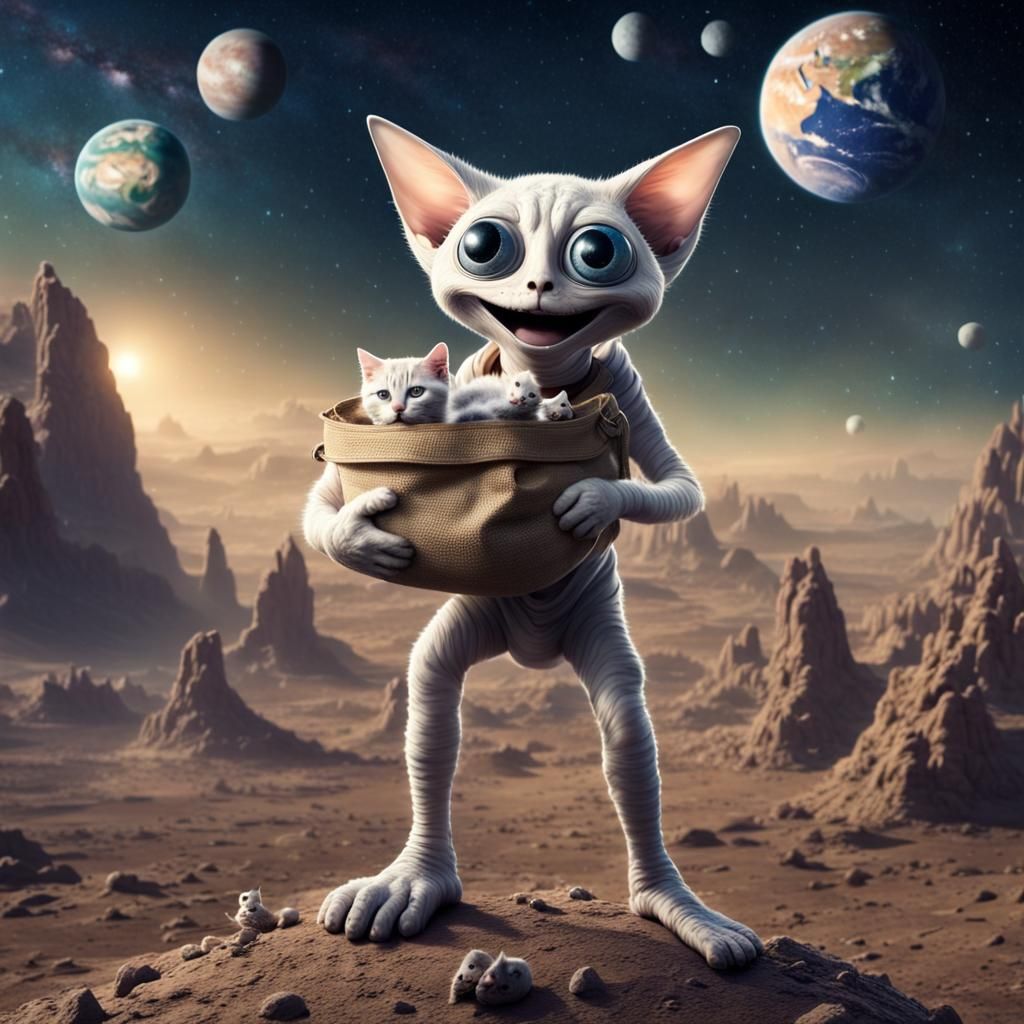 Happy Alien with Kittens in Universe Background