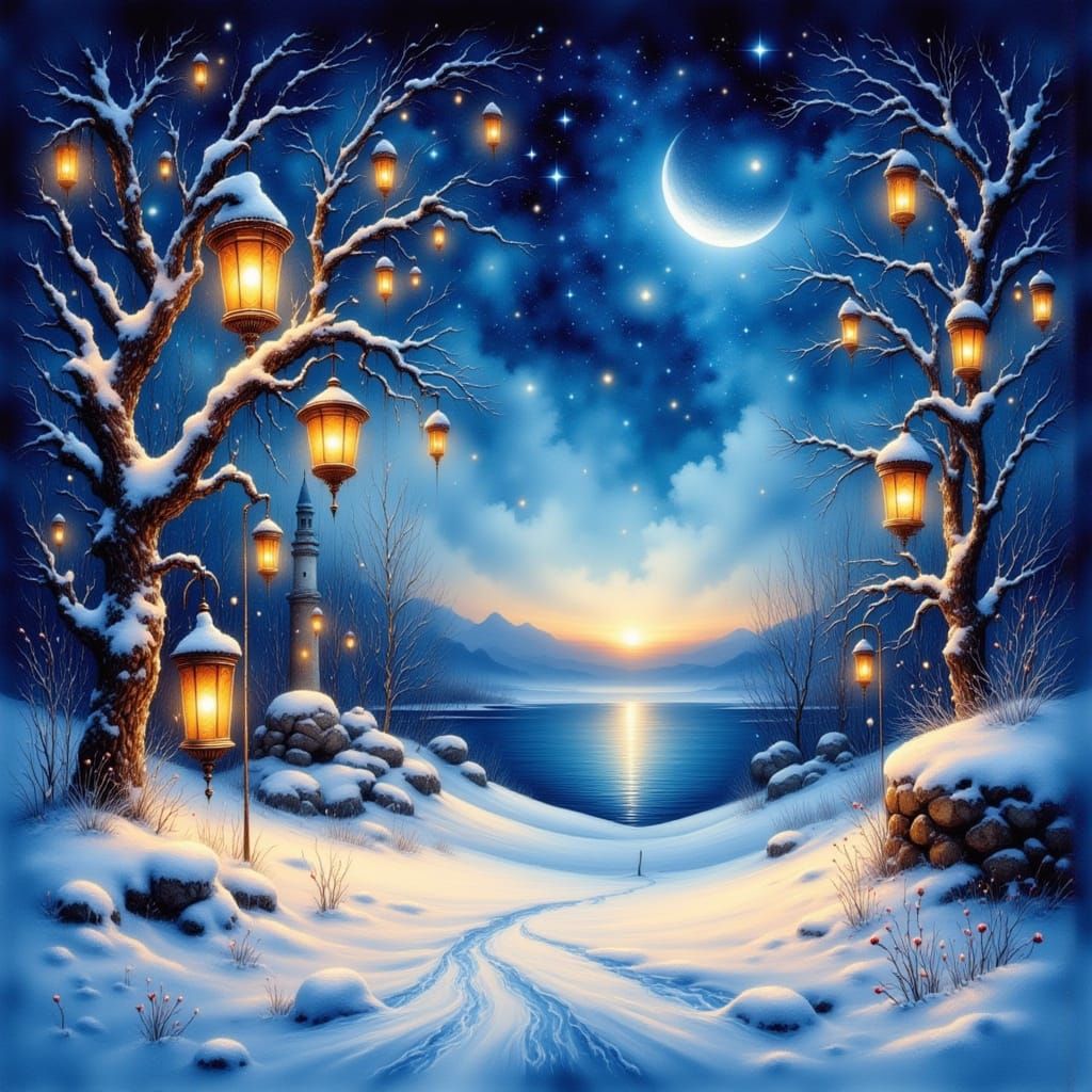 Icy Lake at Winter Night in Watercolor Style