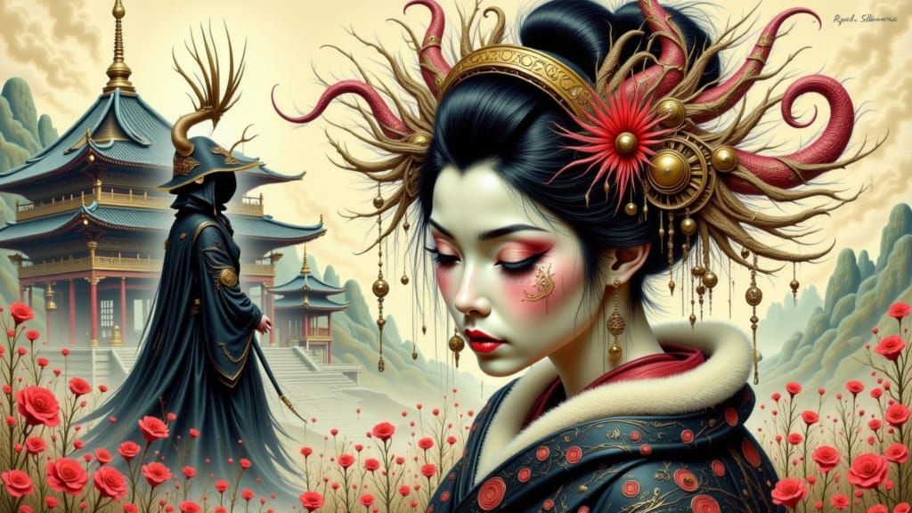 Geisha and Samurai Ghost in Art Deco Style