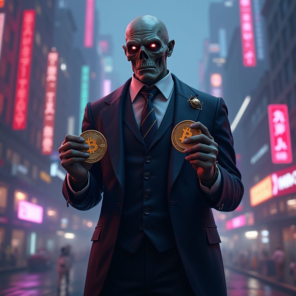 Rich Zombie Investor in Dystopian Cityscape