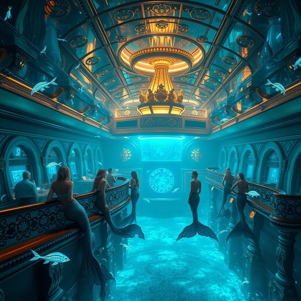 Luxurious Mermaids in Sunken Ocean Liner, Hyperrealistic Art