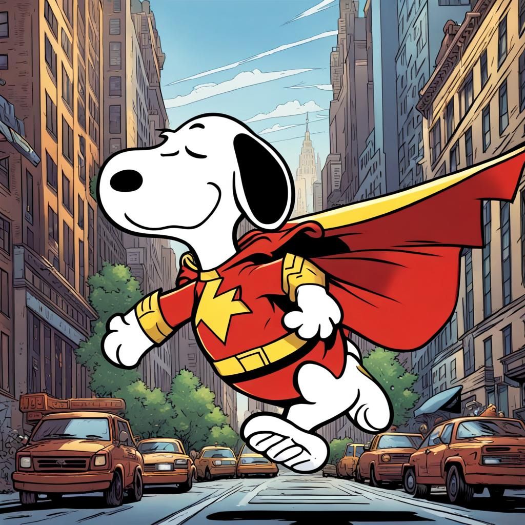 Snoopy as Shazam Flying Through NYC