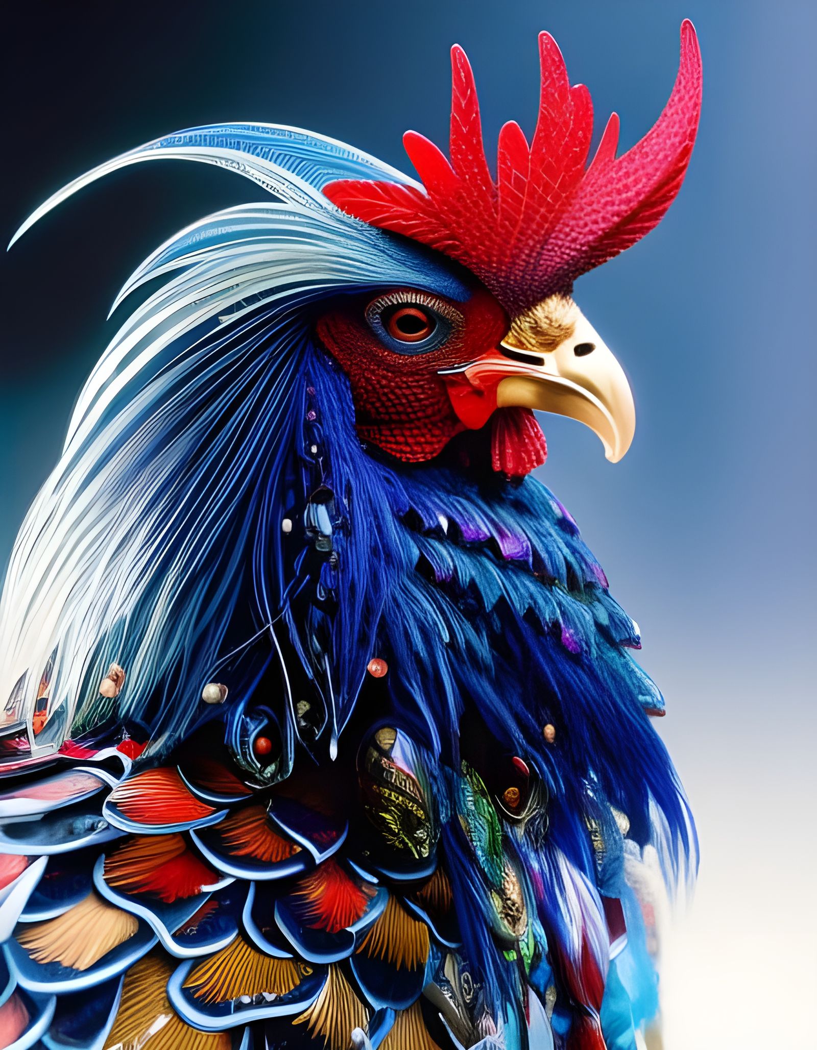 Armored Rooster Warrior Portrait with Sapphire Inlays