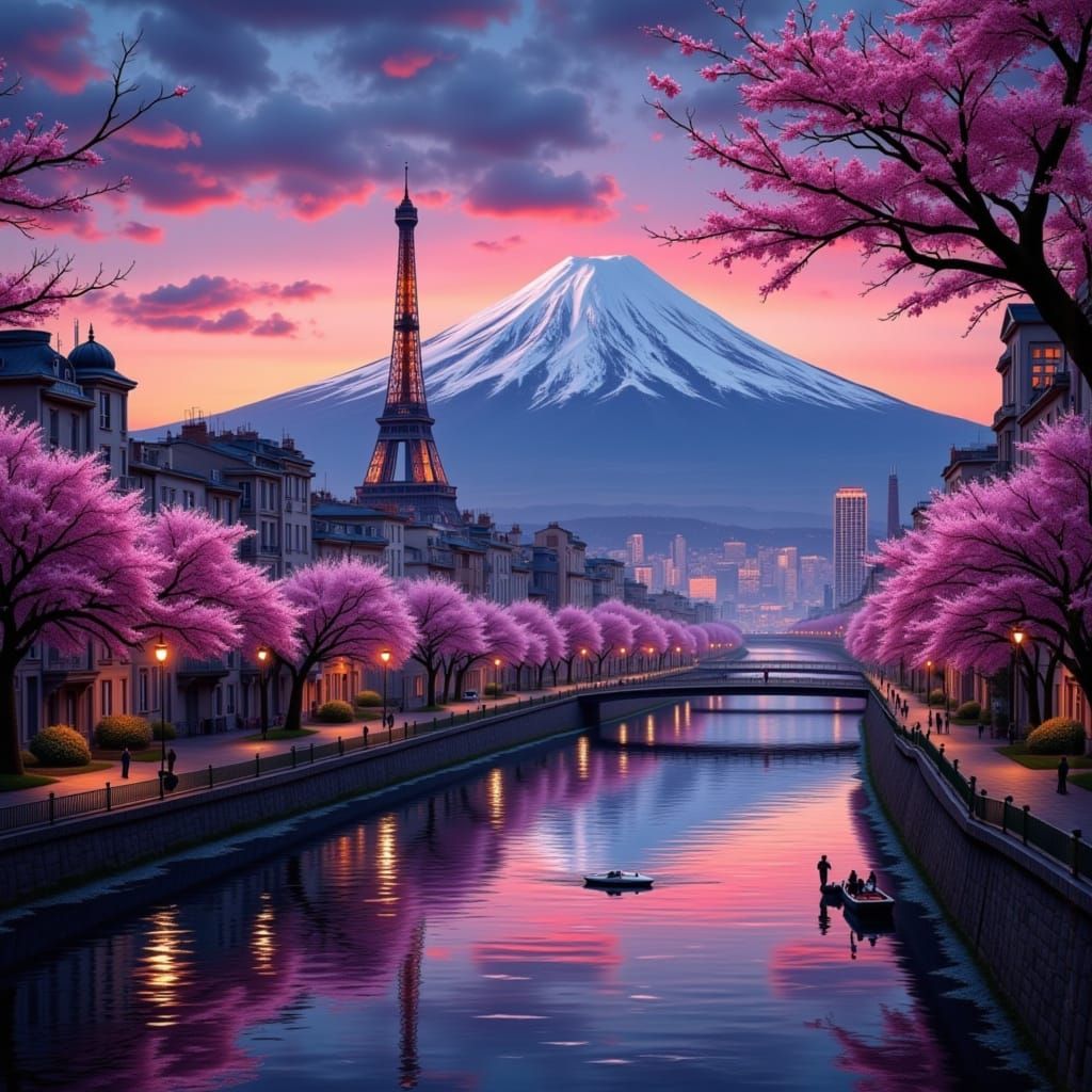 Eiffel Tower and Mt Fuji in Surreal Twilight