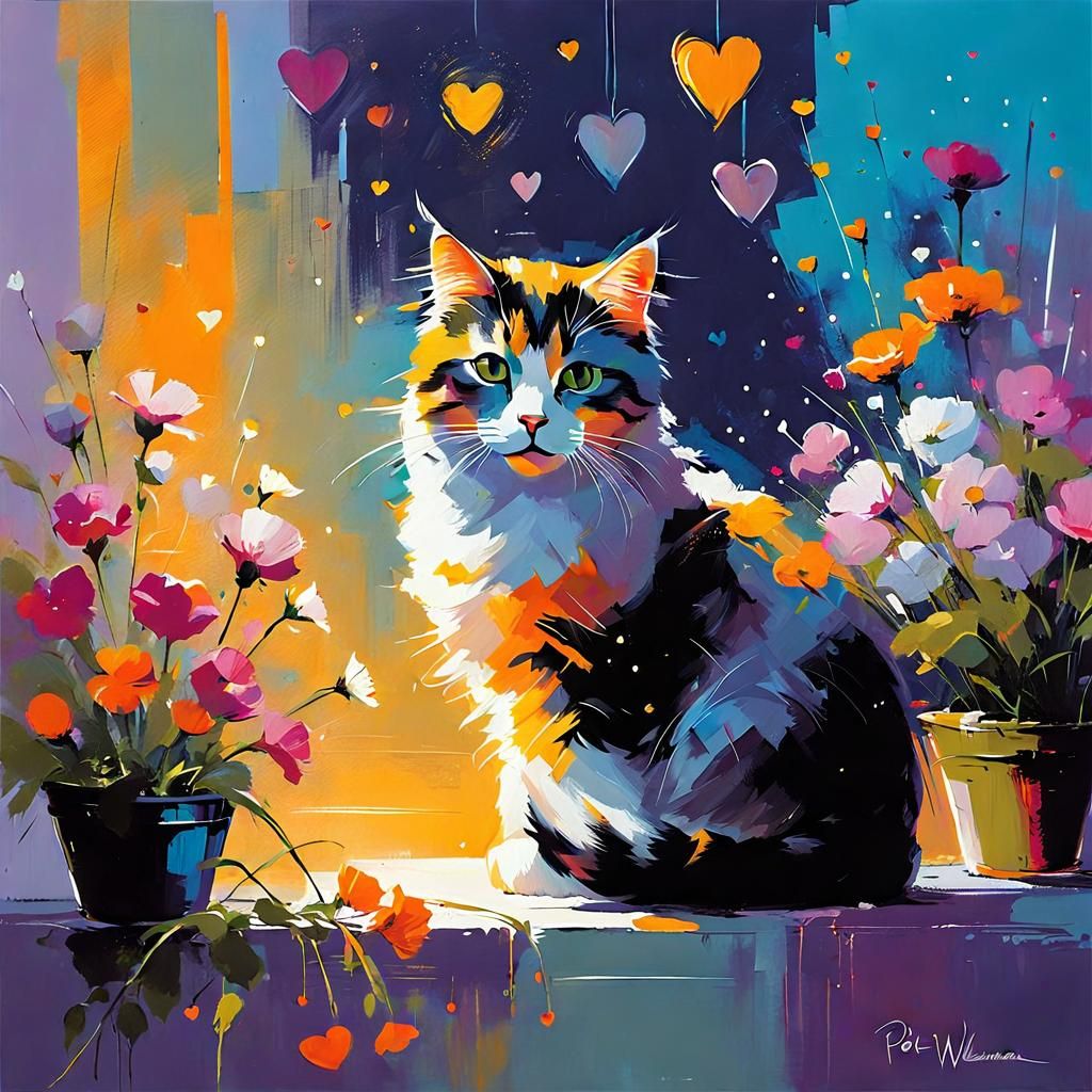 Cute Cat Surrounded by Flowers: Atmospheric Landscape Painti...