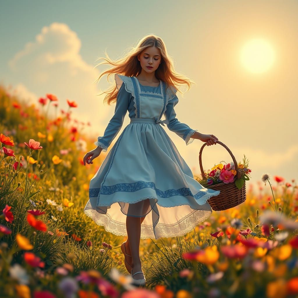 Whimsical Teen Girl in Sunlit Flower Field