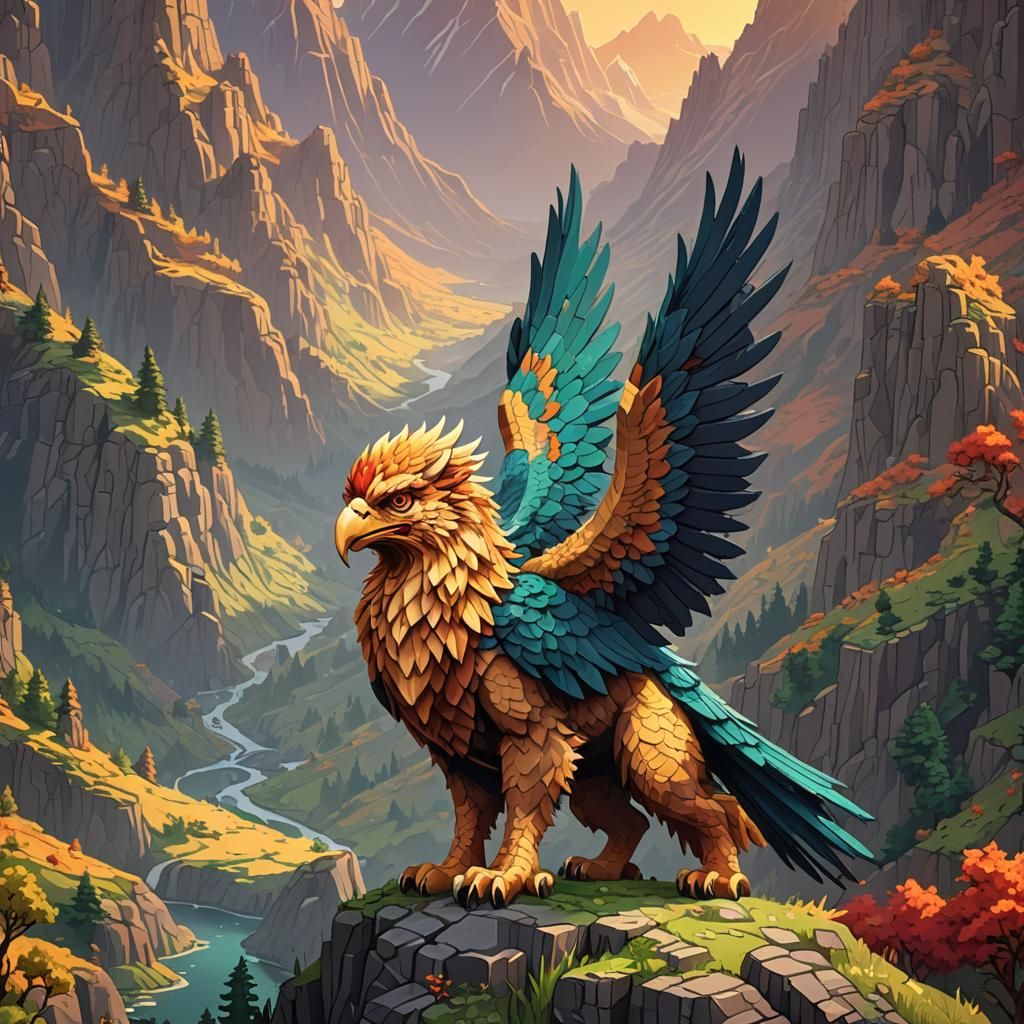 Gryphon in Mountainous Landscape Pixel Art