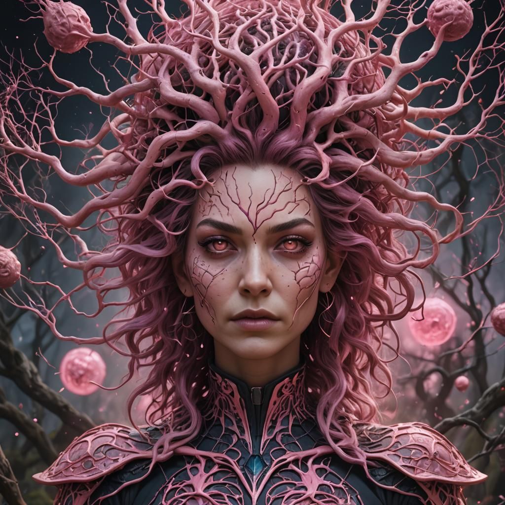 Pink Skin Witch with Neuronal Hair, Digital Art