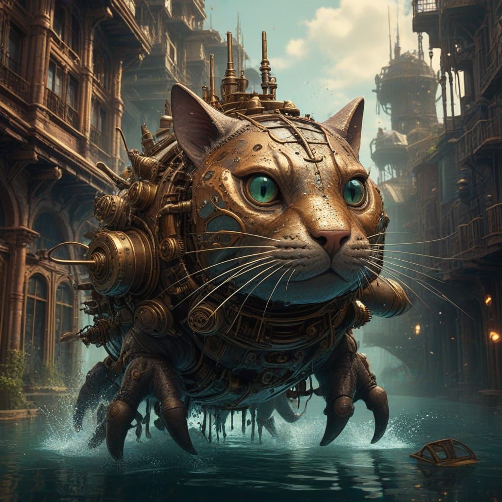 Steampunk Catfish Navigates Underwater City in Splash Art St...