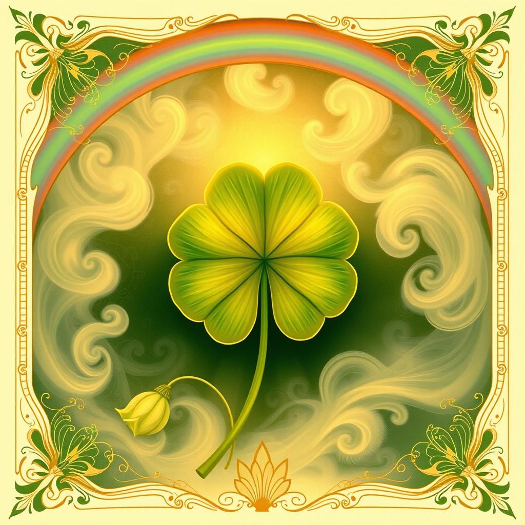 Art by Alphonse Mucha, a glowing four-leaf clover, surrounded by swirling ethereal mists, delicate floral patterns frami...