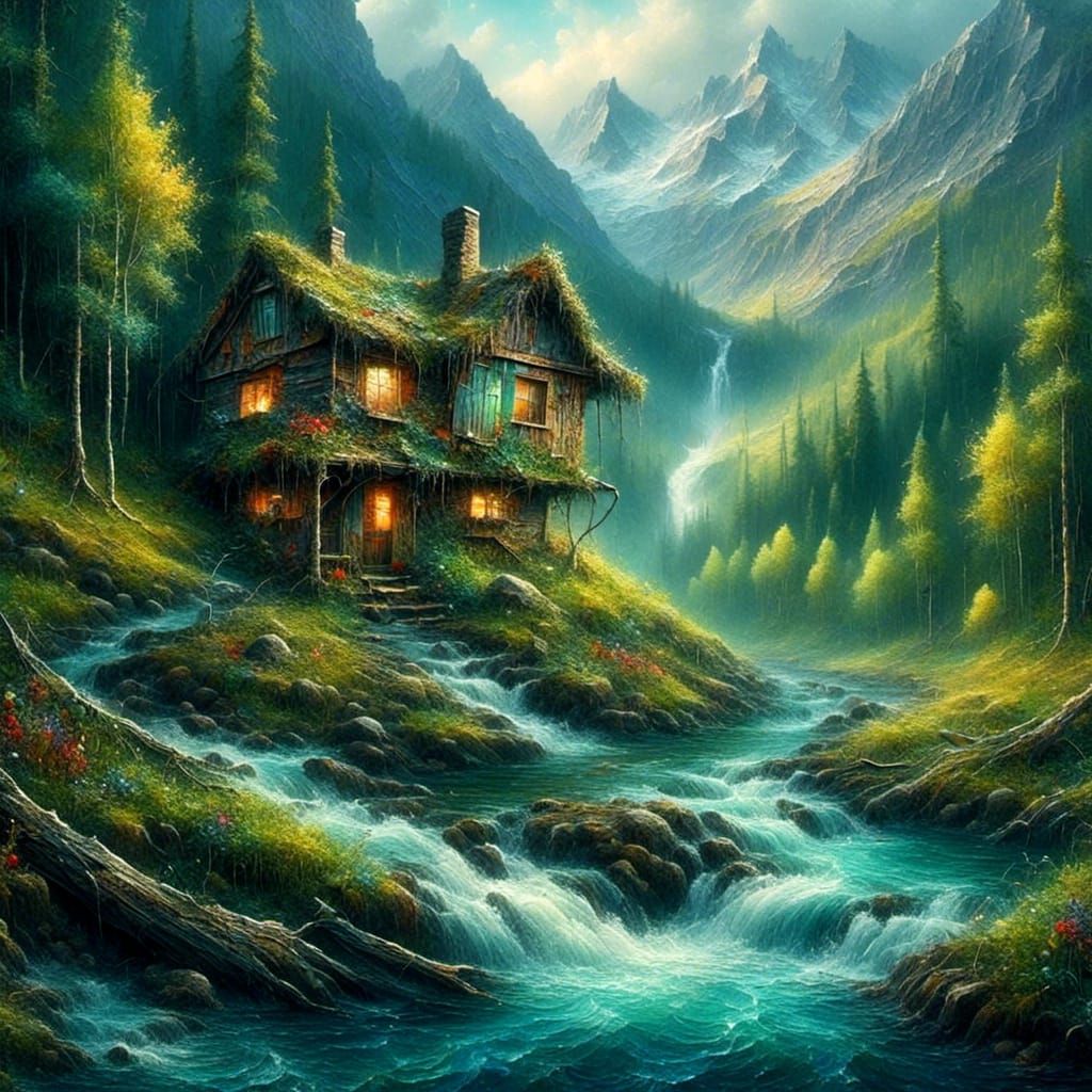 Mountain Shack by River in Expressionist Style