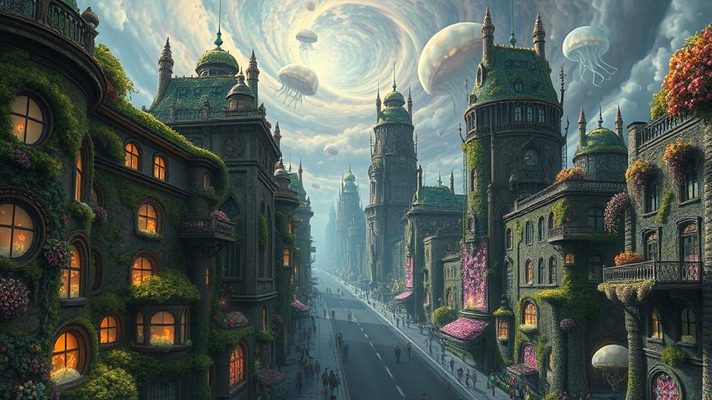 Surreal Cityscape of Glowing Organisms and Hybrid Creatures