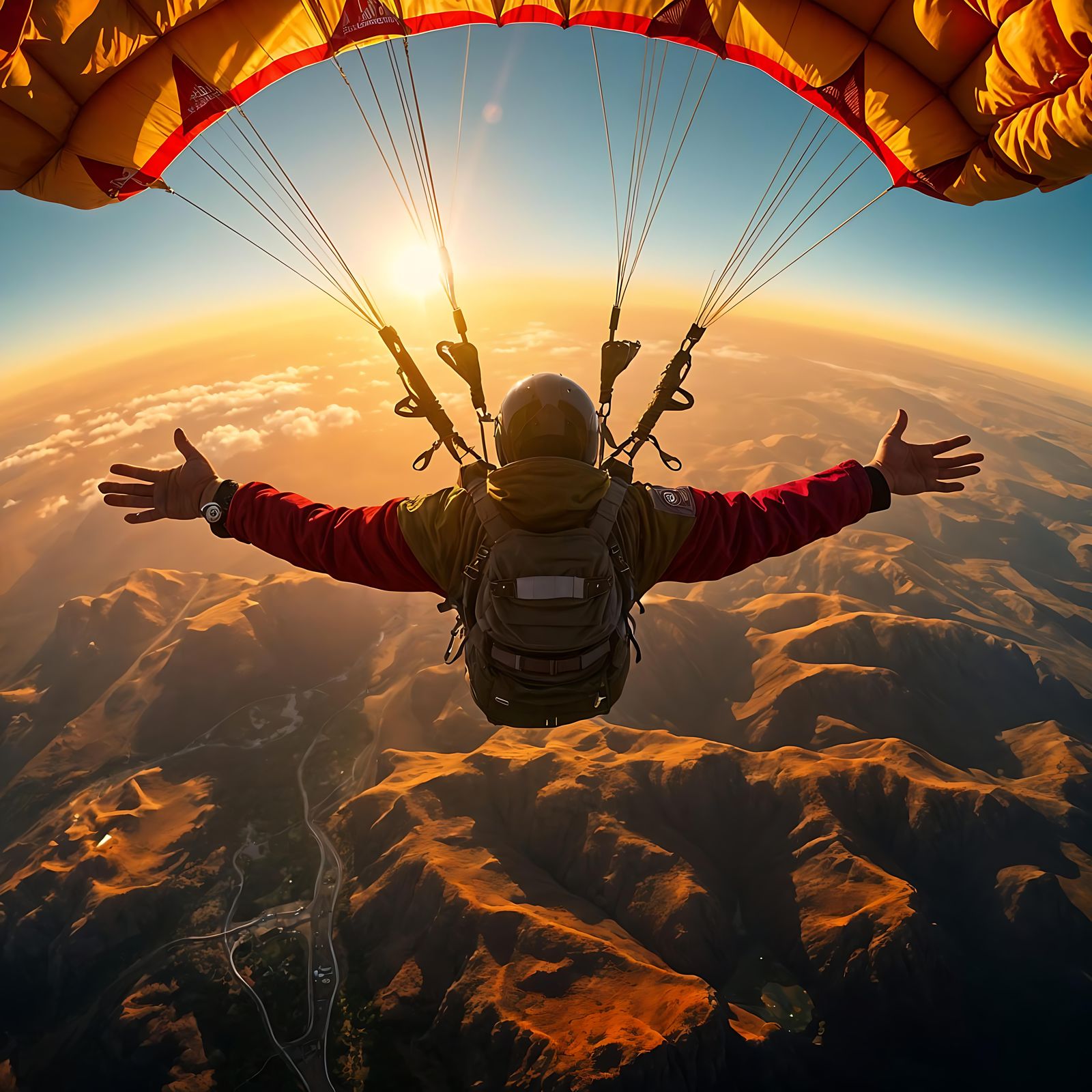Excited Skydiver's Descent at Sunset: Bodycam View