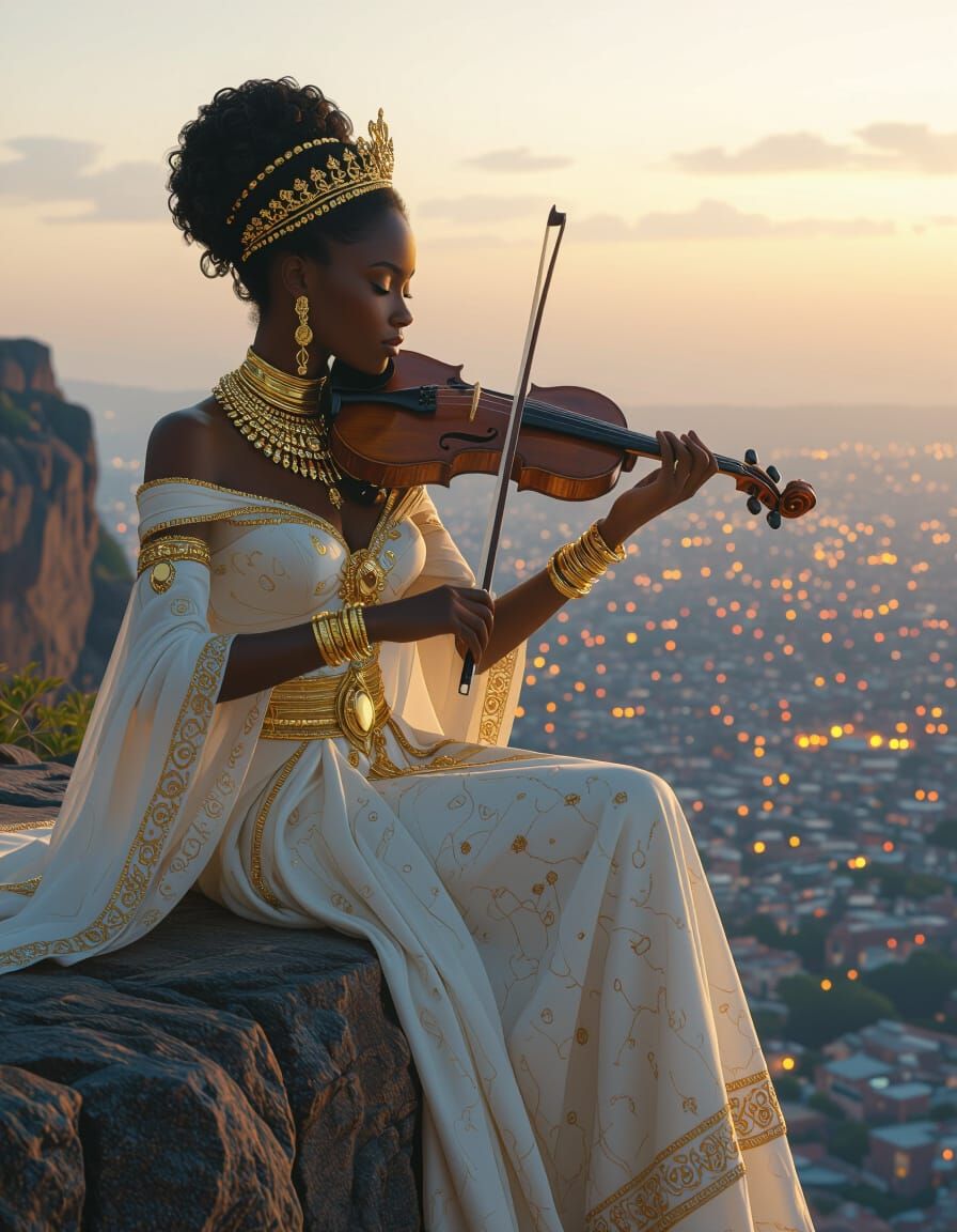 African Princess Overlooking Glowing City at Night