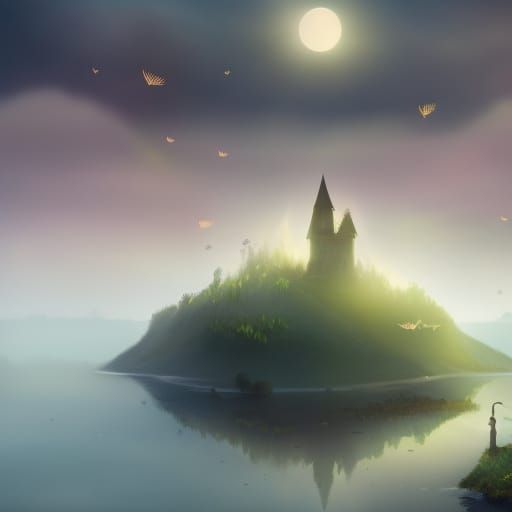 Sad Girl on Misty Island with Dandelions