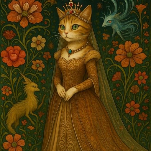 Regal Cat Princess in Enchanted Floral Garden