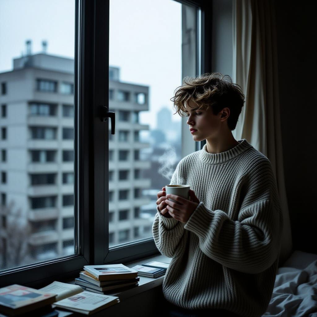 Boy with Coffee in Moody, Cinematic Lighting
