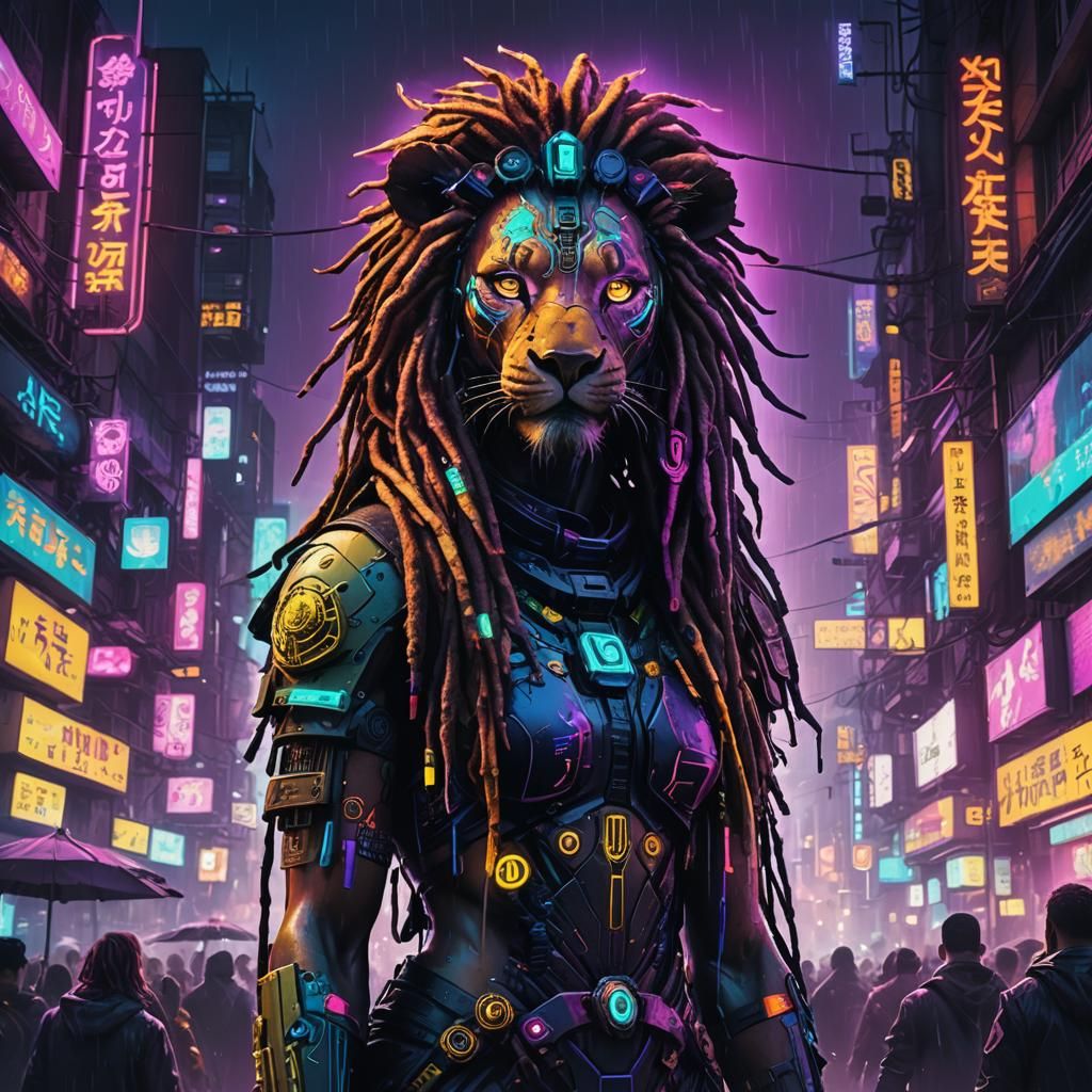 Lion Cyborg Shaman in Neon Cyberpunk Cityscape