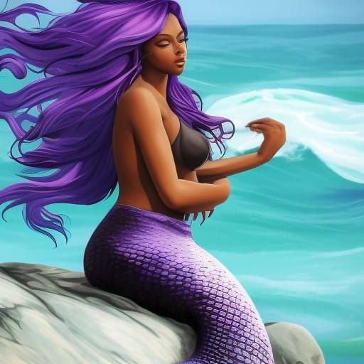 Hyperrealistic Mermaid on Rocks in Splash Art Style