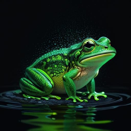 Neon Green Frog in Dark Blue Lake: Hyperrealistic Portrait